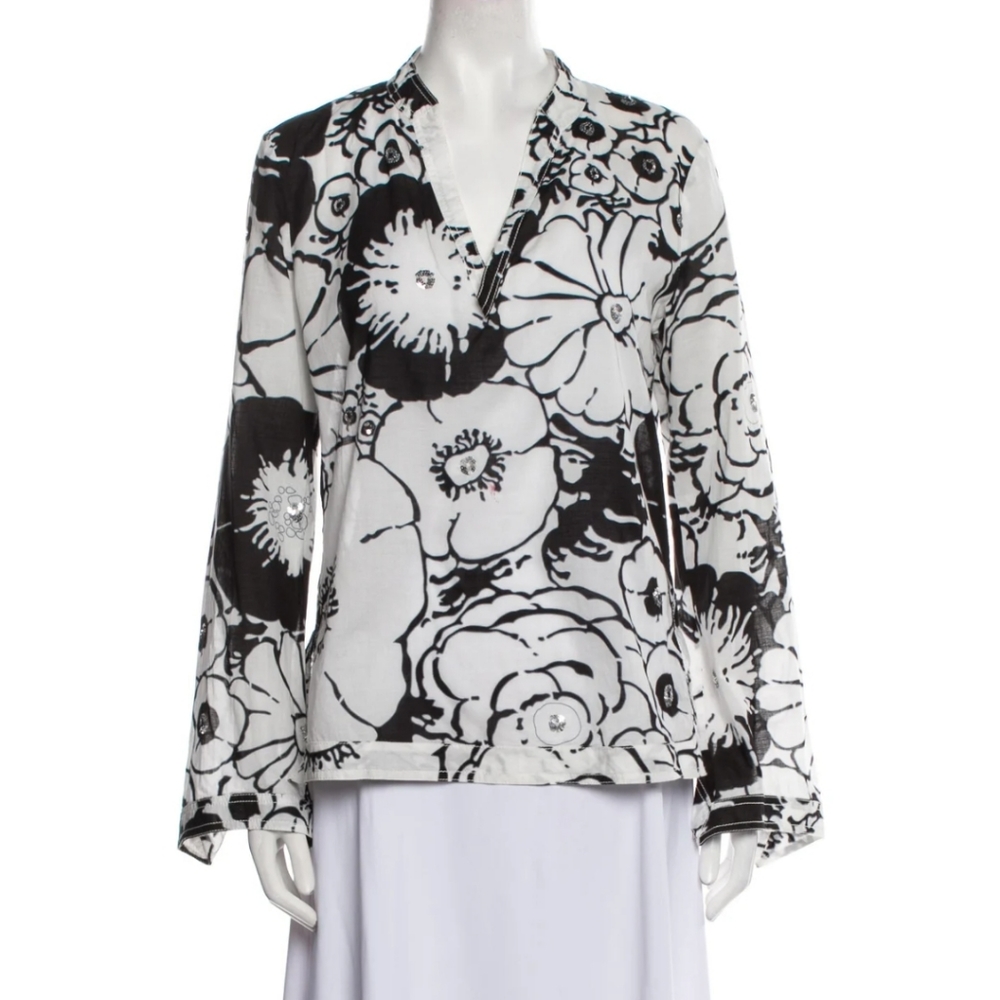 Tory Burch Abstract Floral Print V-Neck Top Size 2